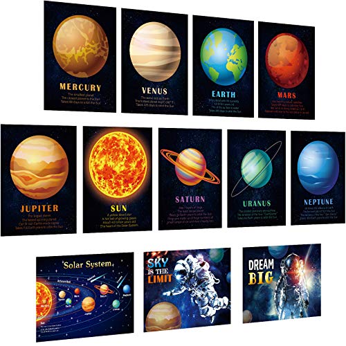 12 Piezas Carteles de Enseñanza Educativa de Sistema Solar Pósters de Espacio y Planetas de Niños Laminado Imprimir Arte Gráfico de Pared para Aula Habitación 10,6 x 14,1 Pulgadas