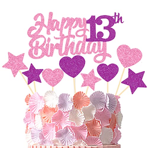 13 años Adornos Tarta Cumpleaños Happy 13th Birthday Cake Topper Decoracion 13 años con Toppers de Tartas en Forma Estrella Corazón Decoración Tarta Cumpleaños Brillante de Pastel Rosa