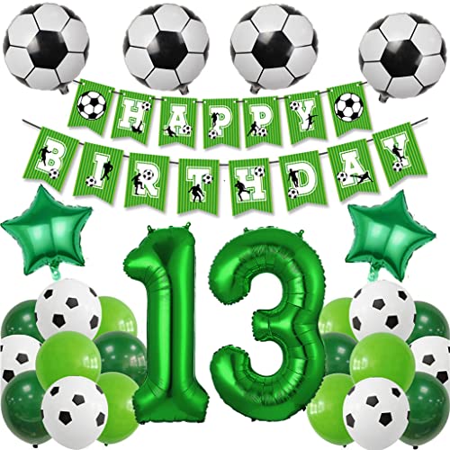 13. Juego de decoración de cumpleaños de fútbol de 13 años, decoración de cumpleaños para niños con número gigante de 13, globo de fútbol de 13 años, decoración de cumpleaños verde