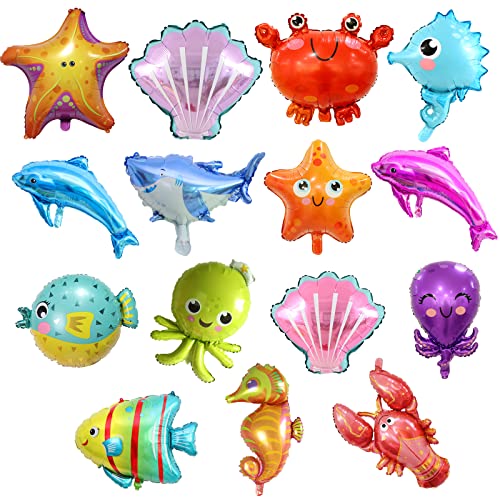 15 globos de animales oceánicos, TACYKIBD decoraciones de fiesta bajo el mar, globos de tiburón bebé y globos de peces para decoración de cumpleaños de niños, suministros de fiesta de bebé