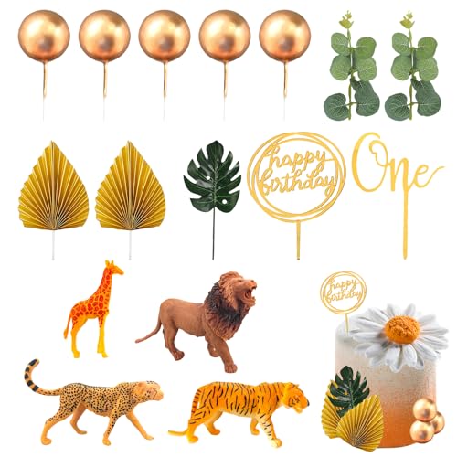16 piezas de decoración de pasteles con temática de la selva, jirafa, león, tigre, leopardo, decoración 3D, decoración de hoja de tortuga y hoja de dinero, decoración de tarta de cumpleaños dorado