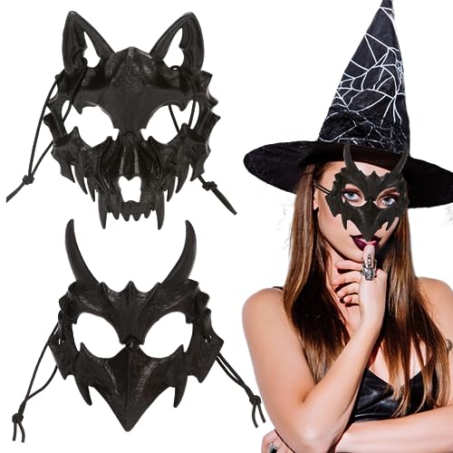 2 máscaras de terror de Halloween, decoración de Halloween, máscara japonesa de Halloween, máscara decorativa para disfraz de Halloween, máscara de terror para adultos (Yaksha + hombre lobo)