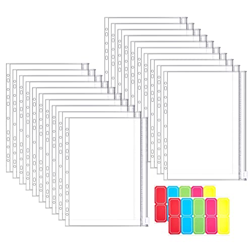 20 Piezas Bolsillos para Documentos A4, 11 Agujeros Bolsillos Perforados Transparentes Sobres de Plastico con 20 Pegatinas para Documentos Organizador de Joyas Cosméticas