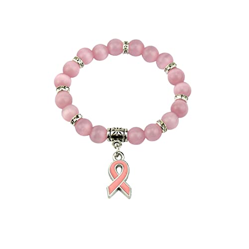 2022 Pulsera de conciencia de cáncer de mama con perlas de piedra natural para regalo inspirador para mujer, niña, mejor amiga, hermana, mujer con nombre de (rosa, talla única)