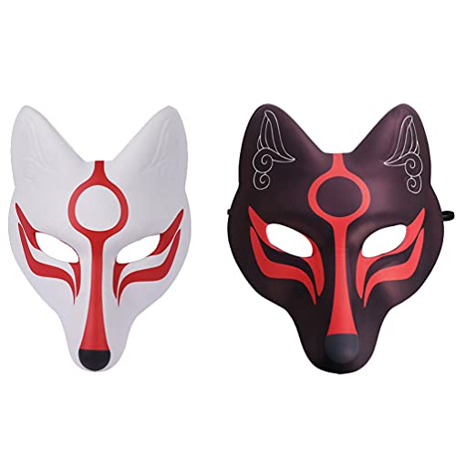 2Pcs Halloween Fox Masks Japones Kabuki Kitsune Máscaras de Animales Accesorios Japoneses de Cosplay Tradicional Kimono para Fiestas de Disfraz de Disfraces Accesorio