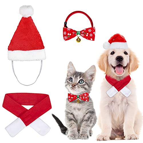 3 Piezas Disfraces Navidad para Gatos Perros con Collares de Pajarita Sombrero de Navidad Bufanda Accesorios Ropa de Mascotas para Gatos Perros