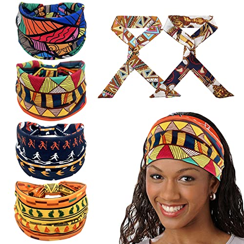 4 diademas africanas con 2 diademas de seda bohemias, pañuelo elástico estampado retro, diademas de yoga con ala ancha, accesorios para el pelo para mujer