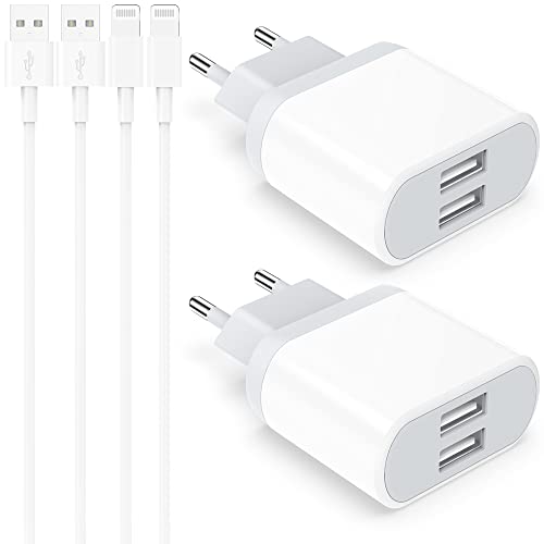 4-Pack Cargador Replacement for iPhone XR X XS 8 7 6 6S 11 12 13 14 Pro MAX Plus SE Mini 5 5S 5C, iPad, Airpods, 2M Cable y USB Enchufe 2.1A 5V USB Rápida Charger Adaptador Cabezal Carga Nisiyama