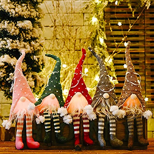 4-Pejiijar 5 Piezas Gnomo de Navidad Gnomo Navideñ Decoración con Luz LED Gnomos de Peluche Elfo Navideño Muñeco Gnomo de Santa para Decoración del árbol de Navidad Decoración Navideña