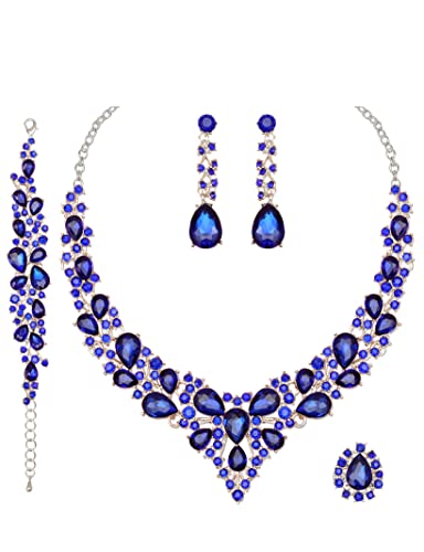 4 Unids/Set De Collar De Cristal Austriaco Pendientes Pulsera, Anillo Conjuntos De JoyeríA Nupcial Accesorios De Traje De Boda Regalos Para Mujeres (Azul Real - Tono Oro Blanco)