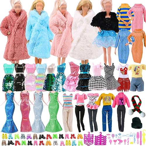 70 piezas de ropa y accesorios compatibles con muñeca Barbie de 11.5 pulgadas, incluyendo 2 abrigos de invierno, 1 suéter, 7 vestidos de fiesta, 5 atuendos, 1 bufanda, 1 sombrero, 10 pares de shose 10