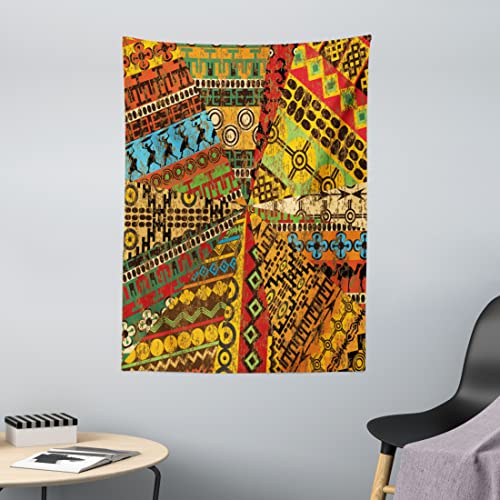 ABAKUHAUS Africano Tapiz de Pared y Cubrecama Suave, Grunge Adornos Étnicos, Objeto Decorativo Lavable, 110 x 150 cm, Multicolor