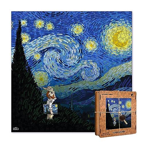 ACTIVE PUZZLES Puzzle de Madera de Van Gogh Noche Estrellada con Piezas de Diferentes Diseños 40 x 40 cm 457 Piezas