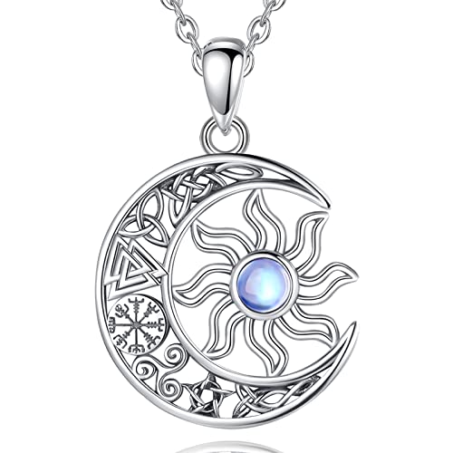 AEONSLOVE Collar Mujer Plata de Ley 925 Colgante Luna y Sol con Piedra de Luna Nudo Celta Joyas Cósmicas y Astrológicas Regalo Amuleto de la Suerte en Navidad Cumpleaños