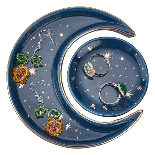 AHANDMAKER Plato de joyería de sol y luna, plato decorativo de cerámica para joyas, bandeja azul medianoche para almacenar anillos, aretes, collares, piedras de cristal