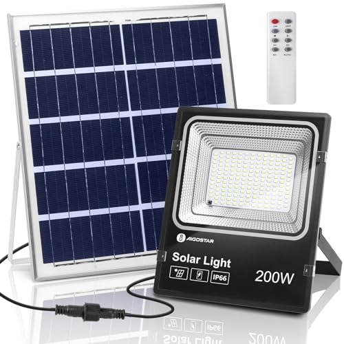 Aigostar - Foco proyector LED solar con mando a distancia，200W，6500K luz blanca.Resistente al agua IP66.Perfectos para interior y exterior jardín，patios，caminos o garajes，Longitud de cable 2M.