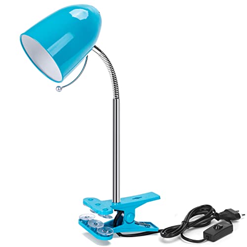 Aigostar Lámpara de Escritorio con Pinza Retro, Lampara Lectura Pinza sin Bombilla, Flexo LED Escritorio con Pinza para Cama Compatible con LED Bombillas Modelo E27 (Máx. 240V), Azul