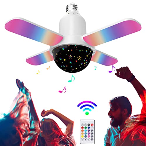 Aizuoni Altavoz de la música de la bombilla | Bombilla de música inteligente inalámbrica LED | Bombillas de estrella inteligentes brillantes con cuatro aspas de ventilador Modos coloridos y blancos