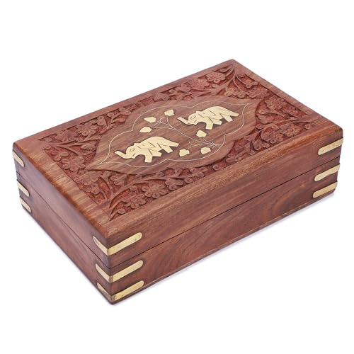 Ajuny Joyero de madera hecho a mano con incrustaciones de latón, diseño de elefante, organizador de almacenamiento de recuerdos, regalos