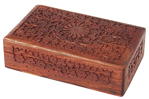 Ajuny tallado a mano de madera de la caja de la baratija del recuerdo organizador de almacenamiento con motivos florales