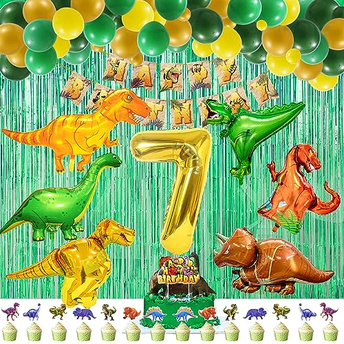 Amaluck - Decoración de cumpleaños infantil con dinosaurios XXL, pancarta de feliz cumpleaños, 35 globos, cortina de oropel, números globos y cuenta de pastel