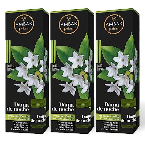 Ambar Perfums Ambientador Mikado Dama de Noche. Ambientador de Varillas 0% Alcohol, 60 días duración. (Pack 3 uds. x 45 ml)