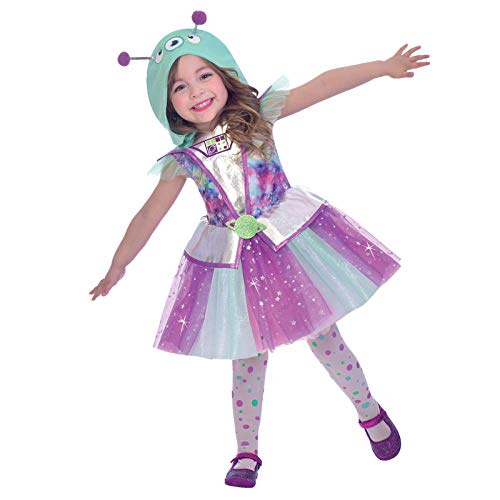 amscan 9905039 Adorable vestido de galaxia con capucha de cabeza de alienígena, edad 4-6 años-1 pieza
