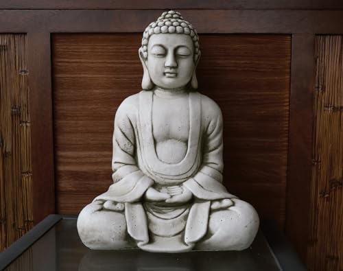 AnaParra Estatua Buda Tissa del Éxito Figura Decorativa para Jardín o Exterior Hecho de Piedra Artificial | Figura Buda 38cm., Color Natural Musgo