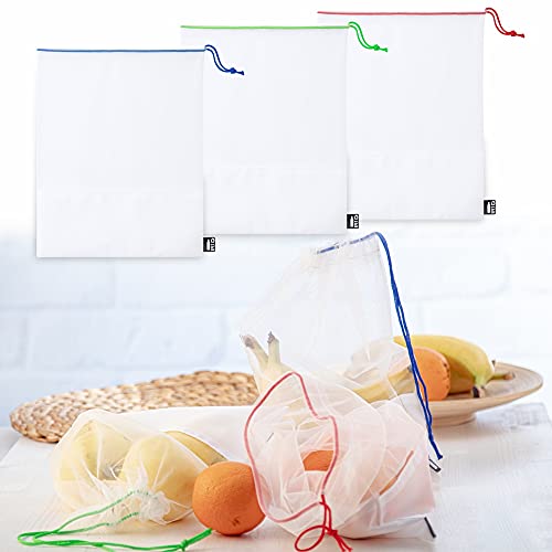 Antevia – Lote de 3 bolsas de alimentos o productos reutilizables transparentes 25 x 30 cm | Más de 10 modelos | Bolsa de fruta verduras | Material: poliéster reciclado | Color: azul verde y rojo