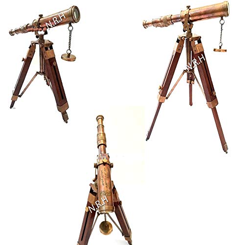 Antiguo vintage latón 1915 telescopio náutico spyglass en trípode de madera