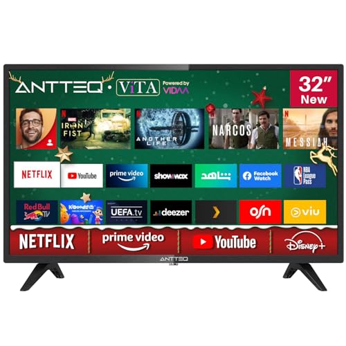 Antteq AV32 Smart TV 32 Pulgadas (80 cm) Televisores con Netflix, Prime Video, Rakuten TV, Disney+, Youtube, WiFi, Triple sintonizador DVB-T2/S2/C, Dolby Audio