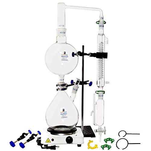 Aparato de destilación de aceites esenciales de 2000 ml Kits de cristalería de laboratorio Kits de purificador de destilador de agua de vapor con embudo de separación de estufa caliente (2000ml)
