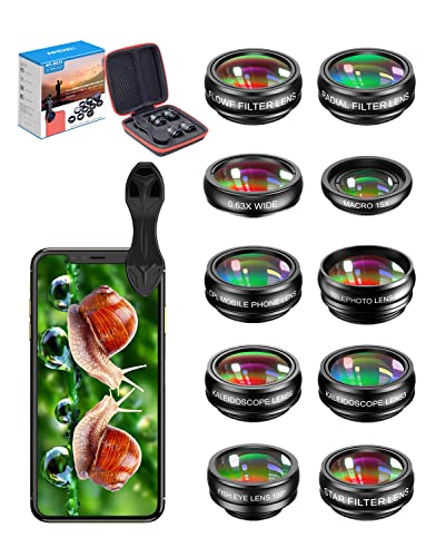APEXEL11in1 Kit de lentes móviles Lente gran angular y macro+ojo de pez+ teleobjetivo+caleidoscopio/CPL/Flujo/Radial/Filtro de estrella+obturador para iPhone y la mayoría de los teléfonos inteligente