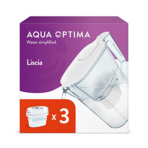 Aqua Optima Liscia Jarra de Filtro de Agua y 3 Cartuchos de Filtro de Agua Evolve+ de 30 Días, Capacidad de 2,5 litros, Para la Reducción de Microplásticos, Cloro, Cal e Impurezas, Blanco