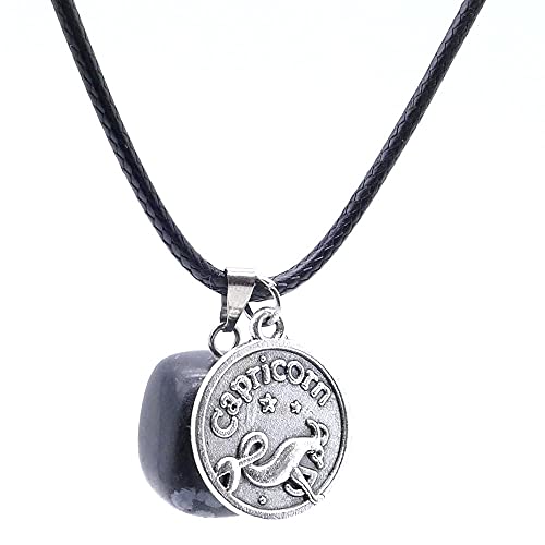 ARITZI - Collar de Cola de ratón de 45 cm con Piedra de Canto rodado de Obsidiana y Dije de horóscopo de Capricornio