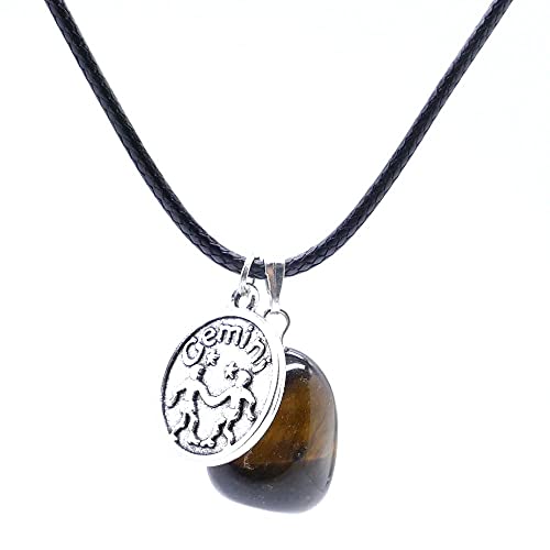 ARITZI - Collar de Cola de ratón de 45 cm con Piedra de Canto rodado de Ojo de Tigre y Dije de horóscopo de Géminis