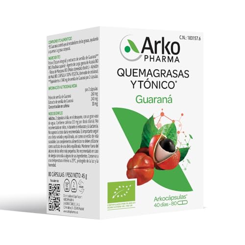 Arkopharma Arkocápsulas Guaraná BIO 80 Cápsulas, Ayuda a Quemar la Grasa Corporal, Metabolismo de Grasas, Vegano, Complemento Alimenticio