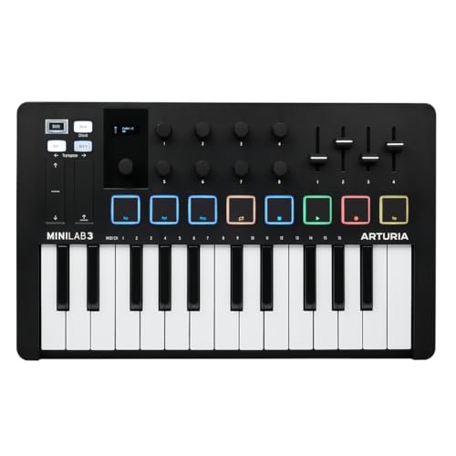 Arturia - MiniLab 3 - Controlador MIDI Universal para Producción Musical, con Paquete de Software Todo en Uno - 25 Teclas, 8 Pads Multicolor - Negro