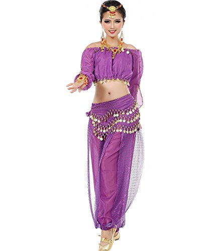 Astage Mujeres Danza del Vientre Disfraz Active Wear Top Pantalones Cinturón Conjunto Púrpura