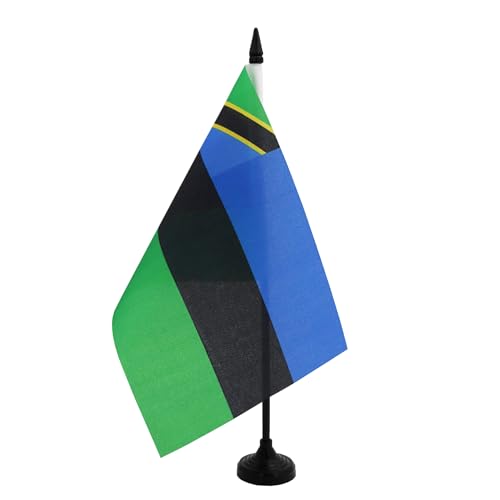 AZ FLAG – Bandera de mesa Zanzíbar – 21 x 14 cm – Bandera pequeña de gobierno revolucionario de oficina – 100% poliéster con zanja de 25 cm y base de plástico negro