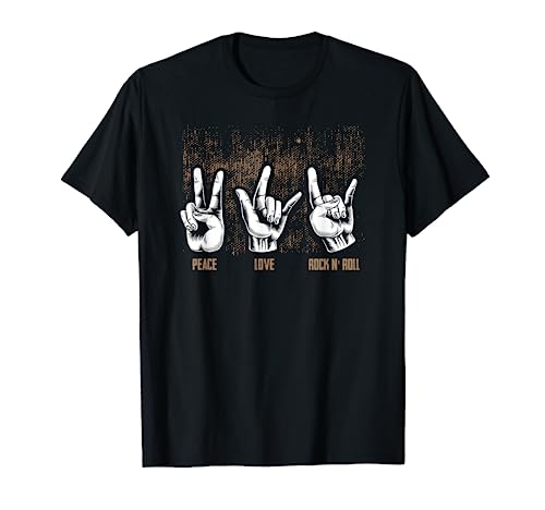 Band Shirts Peace Love Rock and Roll Guitarrista Hippie Camiseta