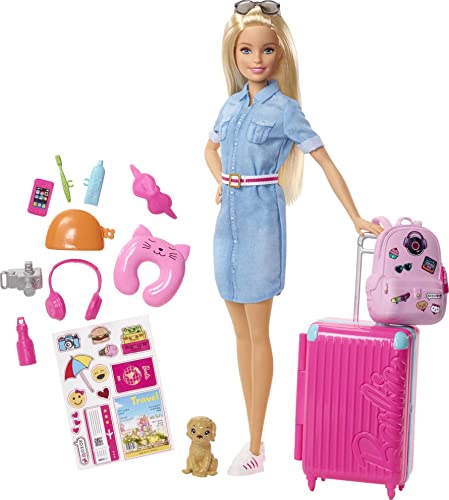 Barbie Muñeca Viajera - Conjunto de Viaje con Maleta Rosa y Perro - Más de 10 Accesorios - Con Pegatinas - Regalo para Niños de 3-7 Años, FWV25
