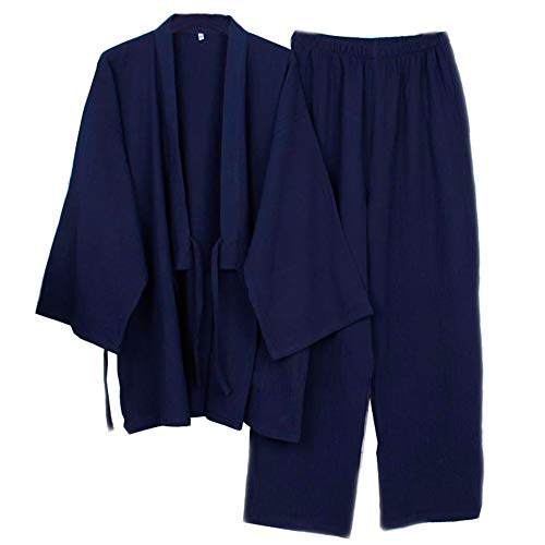Bata de meditación Japonesa para Hombre Bata de algodón de Gasa Doble Pijama de Kimono Camisón [Azul Marino, Talla XL]