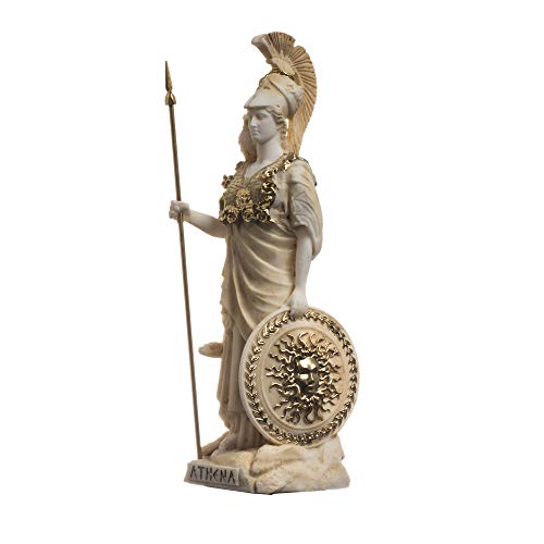 BeautifulGreekStatues Atenea con Búho Medusa Sosteniendo Escudo Diosa Griega Estatua De Alabastro Dorado 17 cm