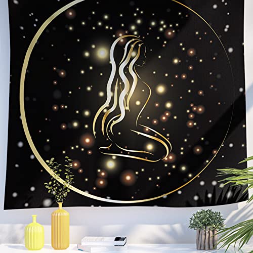 Berkin Arts Decoración Tapiz con Símbolos de Constelaciones Zodiaco Dorados, Tapices Telón de Fondo Estético Colgante de pared Virgo Popular Gracioso para sala de estar de oficina 130 x 150 cm
