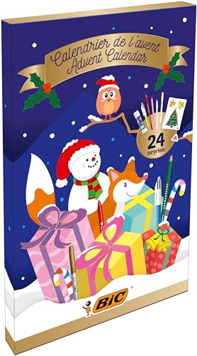 BIC Calendario Adviento de Navidad, 24 artículos de escritura para regalar, kit creativo de papelería para niños, crea tus propias tarjetas de felicitación navideñas, idea regalo para niñas