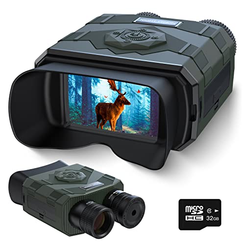 Binoculares Visión Nocturna, 1080P Prismáticos de Infrarroja Digital Visor Nocturna Rango de 500M con LCD 3.5",Recargable y Zoom Digital 8X, Adecuado para la Caza, con 32GB, Verde