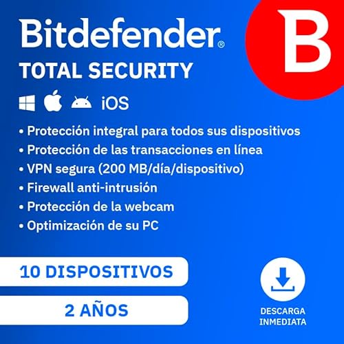 Bitdefender Total Security 2024 | 10 Dispositivos | 2 años | PC/Mac/Móvil | Código de activación enviado por email
