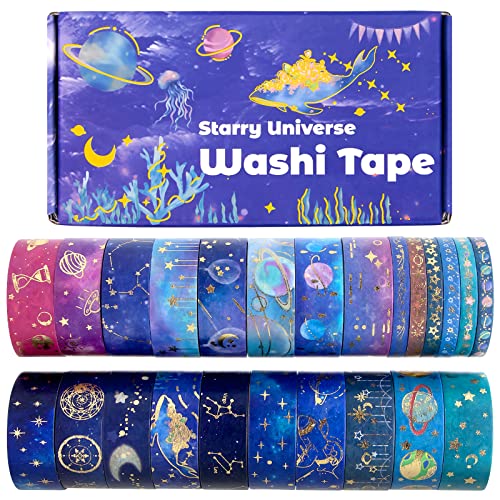 Biuunsf 24 Rollos Washi Tape Set - Galaxy Lámina Dorada Cinta Adhesiva Decorativa de Constelación, Estrellas, Celestial para Scrapbooking, Bullet Journal, Diy Crafts, Manualidades, Regalos Envoltura