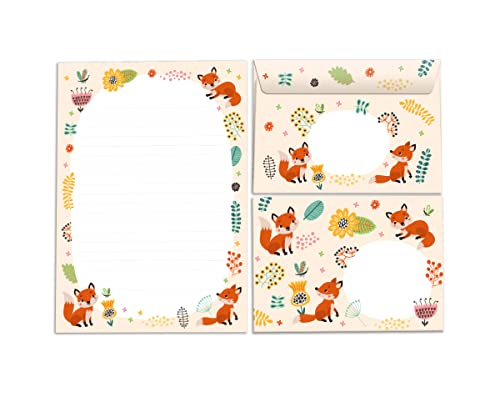 Bloc de cartas con sobre para niños zorro, animales, juego de papel de carta para niñas (bloc A5 con 25 hojas + 15 sobres)